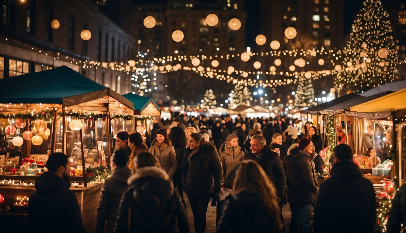 Crowds browse festive stalls at Union Square Holiday Market, surrounded by twinkling lights and colorful decorations