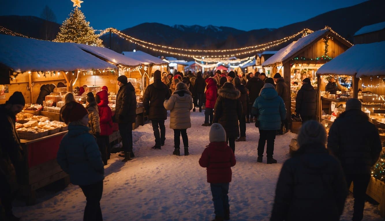 The Wasilla Christmas Market in Alaska is bustling with festive activity. Vendors display colorful crafts and delicious treats, while visitors enjoy the cheerful atmosphere and twinkling holiday lights