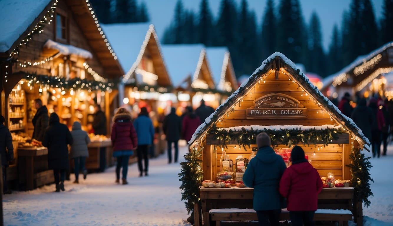 Colorful stalls line snowy streets, selling handmade crafts and festive treats. Twinkling lights illuminate the scene, as visitors enjoy the holiday atmosphere of the Fur Rondy Fair Christmas Markets in Alaska 2024