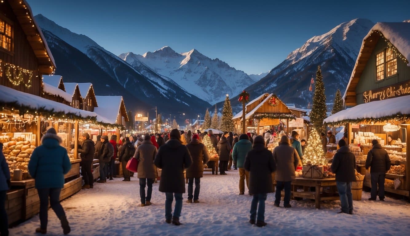 The Christmas Factory Market bustles with festive activity as vendors sell handmade ornaments, twinkling lights, and steaming cups of hot cocoa. Snow-capped mountains provide a picturesque backdrop to the market's cozy atmosphere