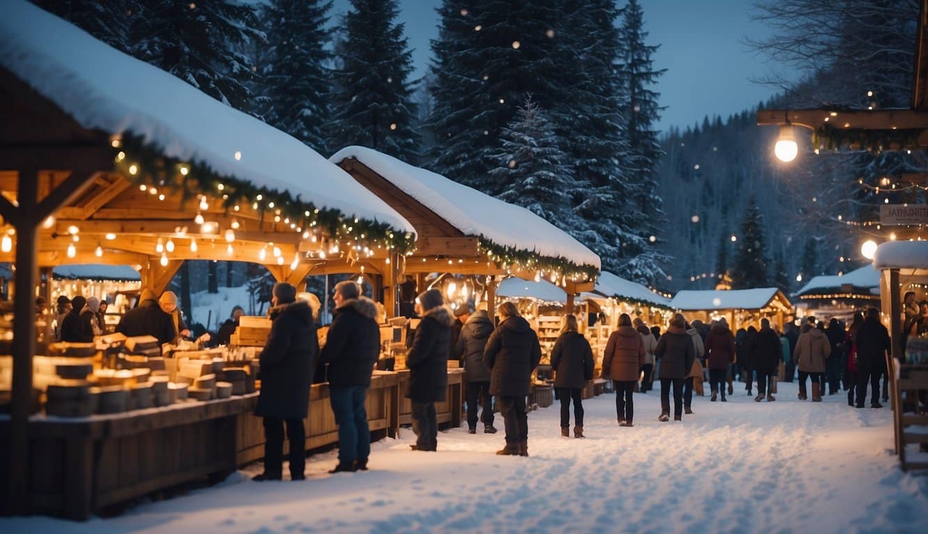 At the Craftsman Christmas Fair in Alaska, market stalls display handmade goods amid snow-covered trees and twinkling lights