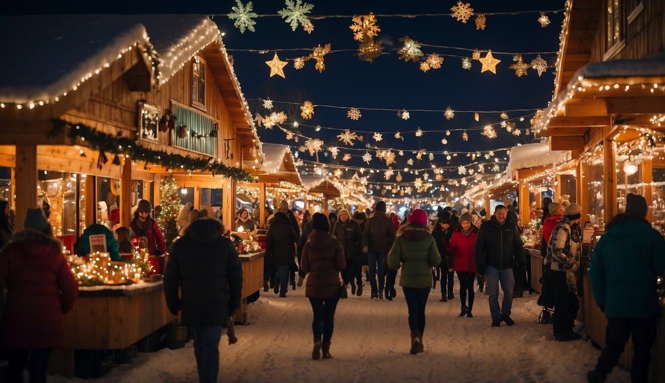 A bustling holiday bazaar in Fairbanks, Alaska, with colorful stalls, twinkling lights, and festive decorations, creating a cozy and cheerful atmosphere