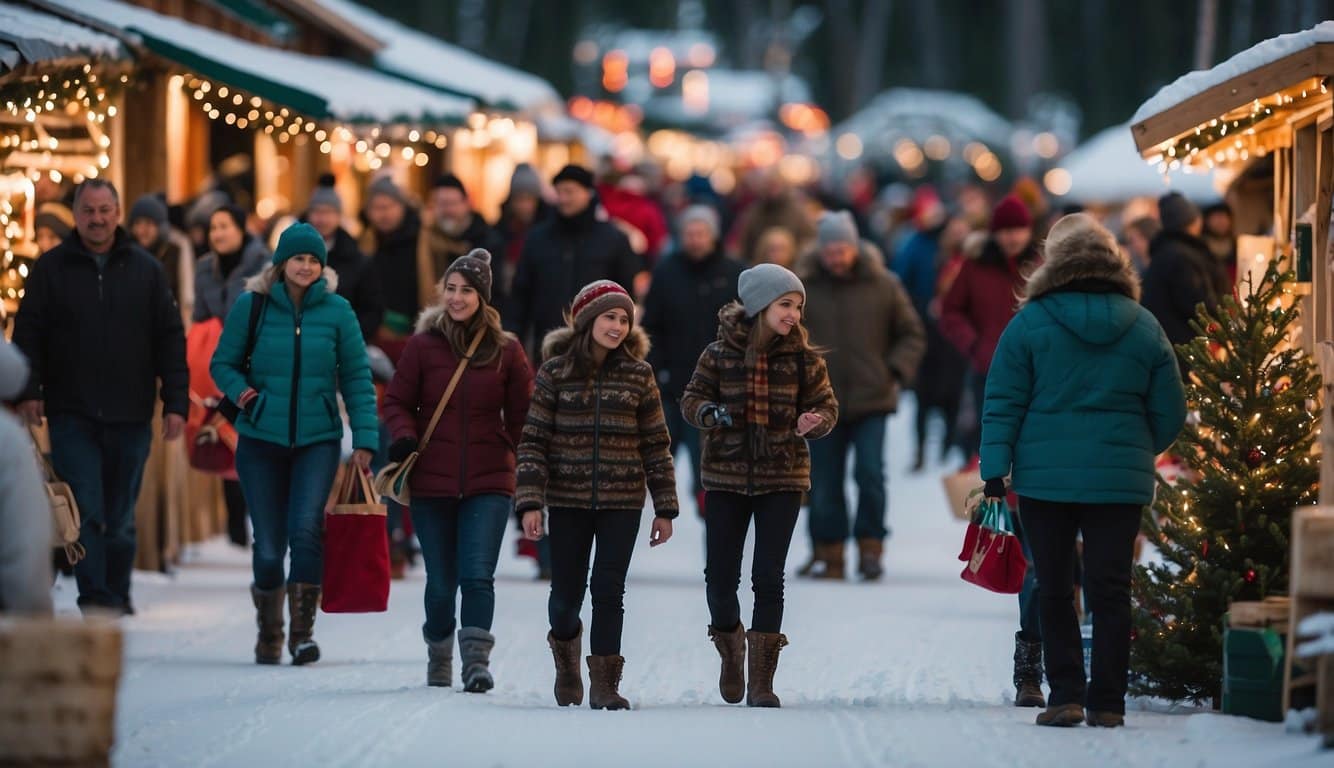 The Talkeetna Holiday Market bustles with festive activity, as vendors display handmade crafts and goods, and visitors enjoy the cheerful atmosphere of the Christmas market in the heart of Alaska