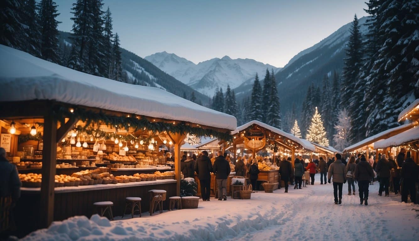 A bustling winter market with wooden stalls selling goods, surrounded by snow-covered trees and mountains at dusk. People walk along the snow-covered path, illuminated by warm, festive lights.