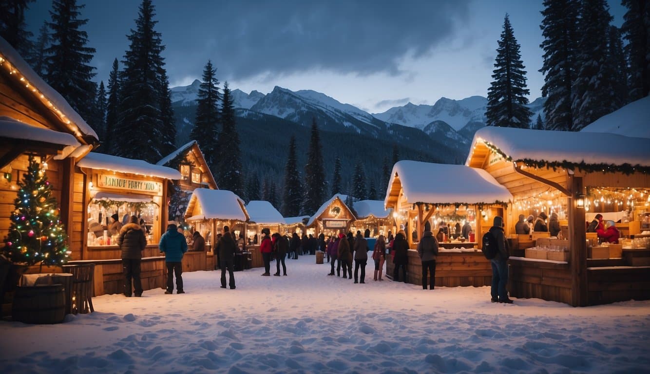 Snow-covered square with twinkling lights, wooden stalls selling handmade ornaments and hot cocoa, surrounded by towering pine trees and a backdrop of the Alaskan mountains