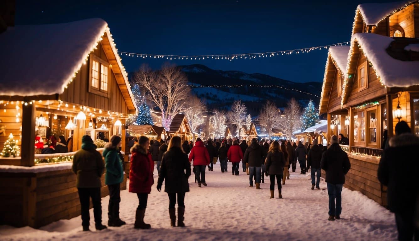 Festive lights adorn snow-covered chalets at Santa's Village, bustling with holiday shoppers at the Colorado Springs Christmas Markets