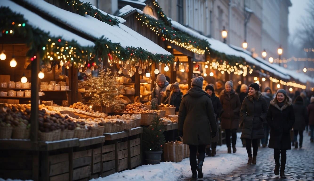 Snow-covered market stalls line the cobblestone streets, adorned with twinkling lights and festive decorations. The aroma of hot cocoa and roasted chestnuts fills the air, as visitors browse through handmade crafts and listen to carolers