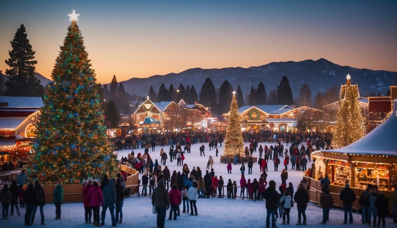 Snow-covered landscape with twinkling lights, festive stalls, and a towering Christmas tree. Families ice skate, sip hot cocoa, and enjoy holiday music at California's Great America, Santa Clara