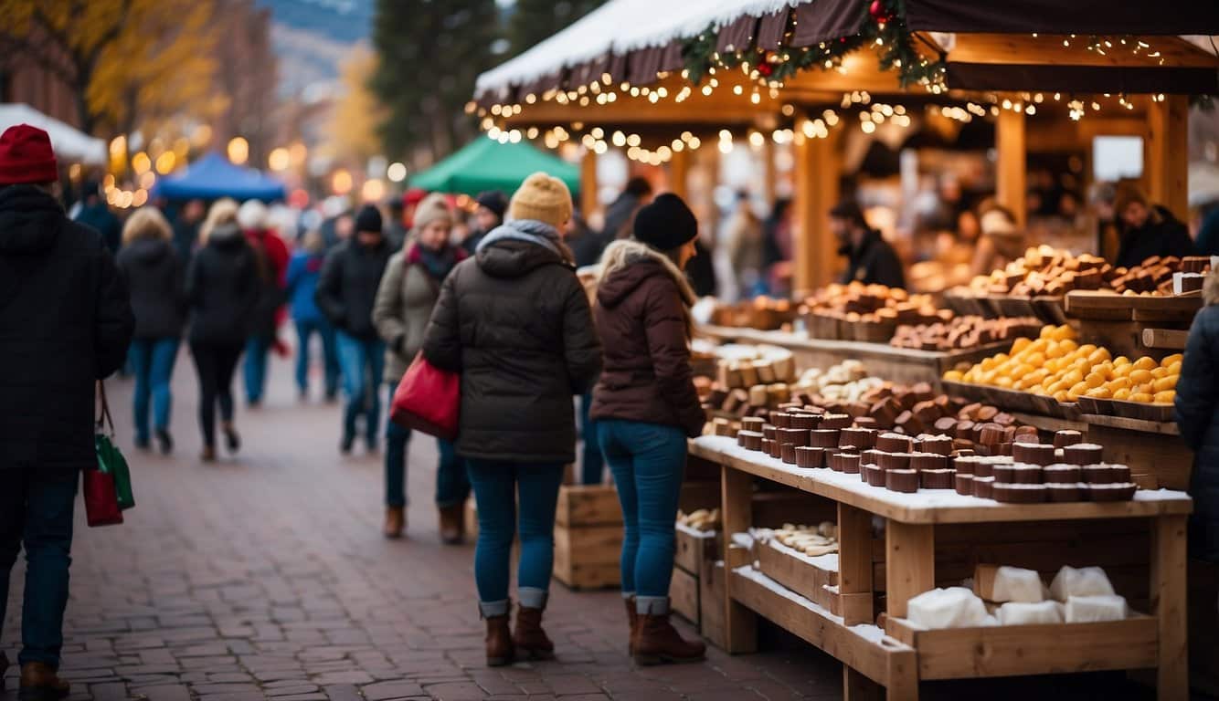 The Creede Chocolate Festival and Christmas Markets in Colorado 2024 are bustling with vendors and visitors, with the scent of chocolate and holiday treats filling the air. Festive decorations adorn the streets, and cheerful music adds to the lively atmosphere