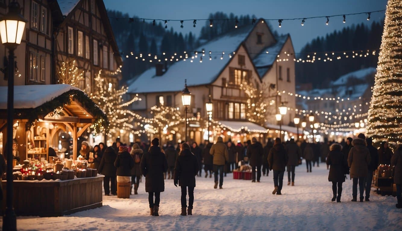 A cozy town square with festive lights, snow-covered stalls, and a towering Christmas tree. People stroll by, sipping hot cocoa and admiring the handmade crafts