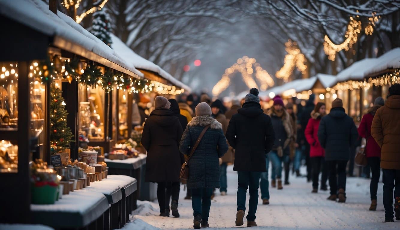 Snow-covered booths line the streets, adorned with twinkling lights and festive decorations. Crowds of people browse through the market, sipping on hot cocoa and admiring the holiday displays