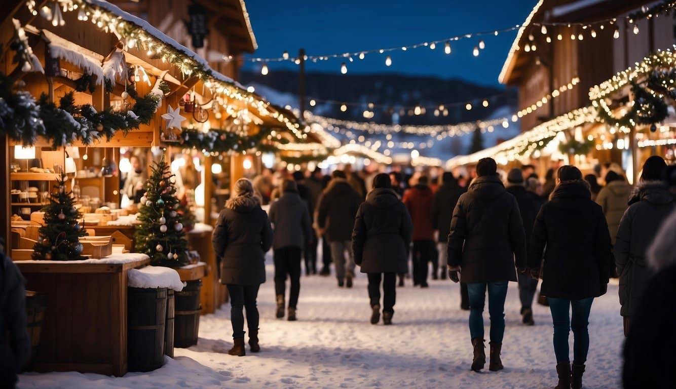 Crowds browse festive stalls amid twinkling lights and snow-capped mountains at the Colorado Christmas Markets 2024