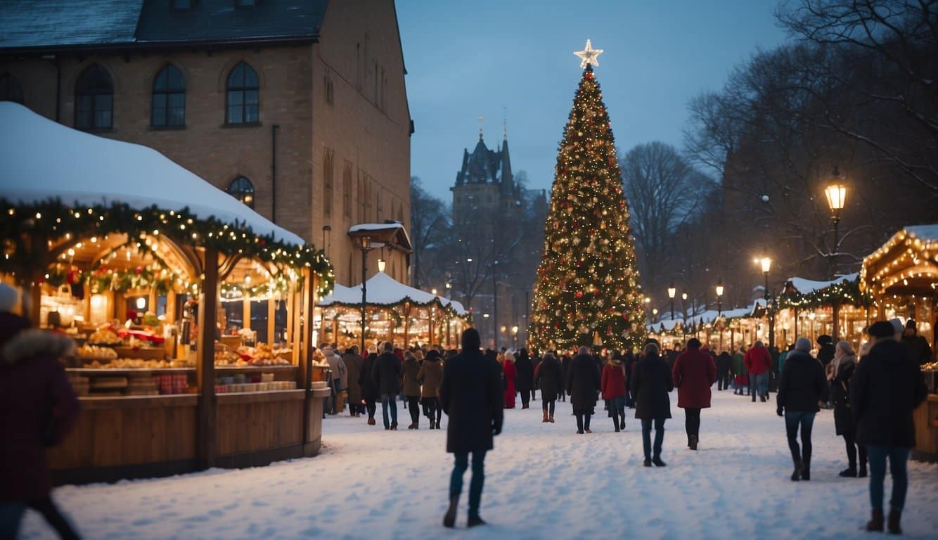 Snow-covered market stalls line the cobblestone streets, adorned with twinkling lights and festive decorations. A towering Christmas tree stands in the center, surrounded by merry-go-rounds and carolers