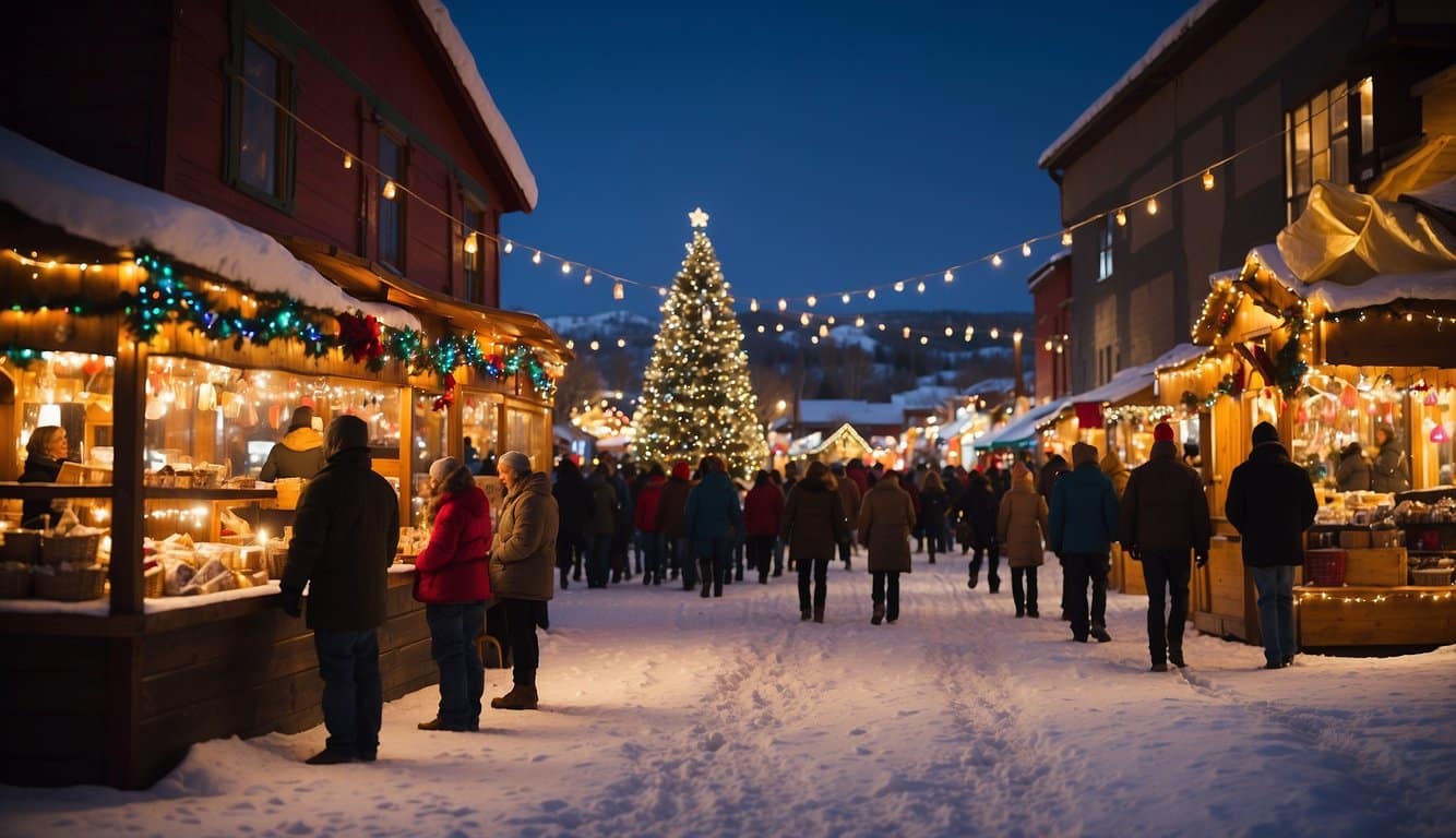 Colorful lights illuminate the snowy streets, casting a warm glow over the bustling Christmas markets in Gunnison, Colorado. Vendors' stalls are adorned with festive decorations, and the air is filled with the sounds of holiday cheer