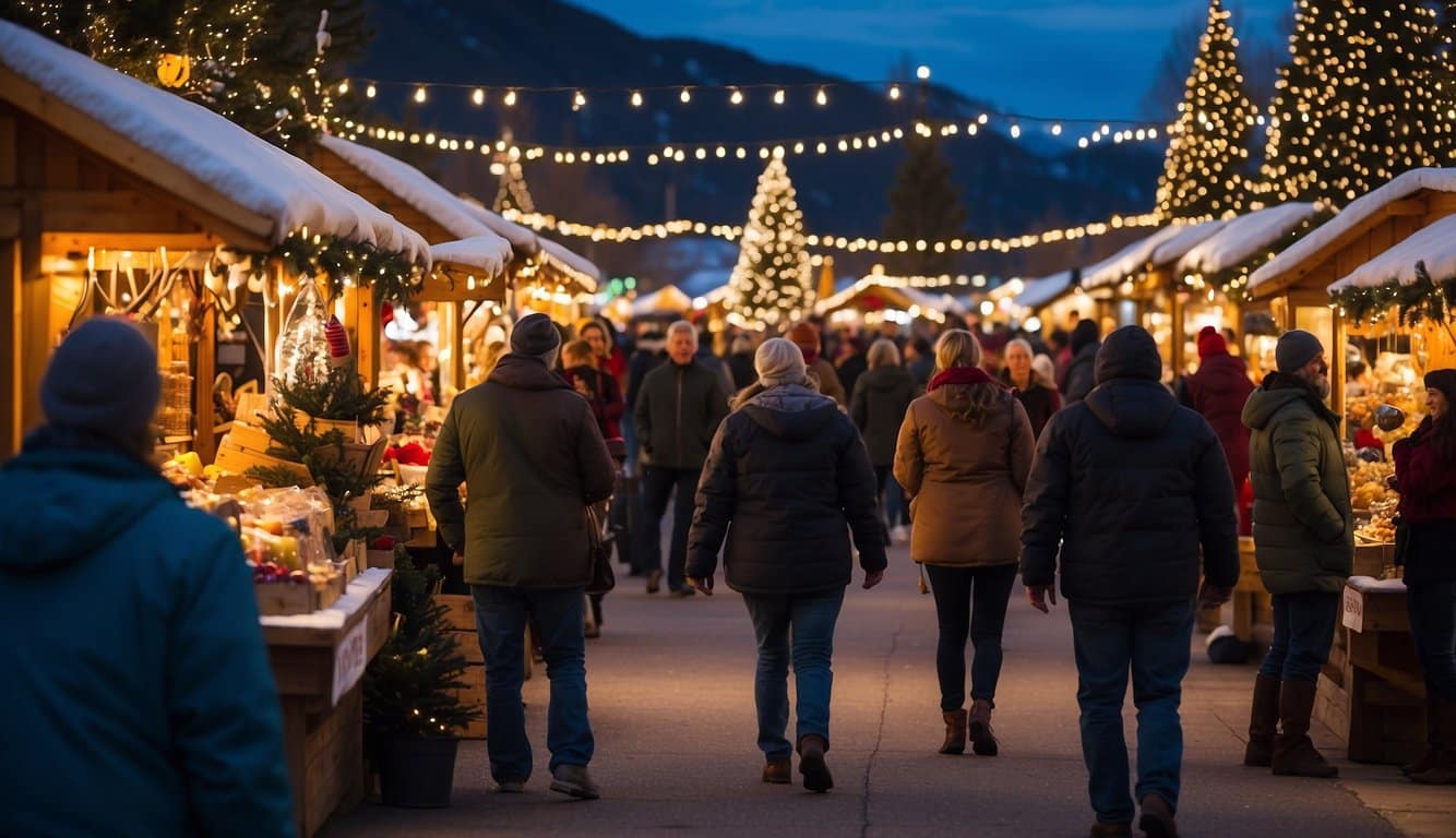 The town square glows with twinkling lights, as vendors set up stalls for the Christmas market. A towering Christmas tree stands in the center, surrounded by festive decorations and joyful anticipation