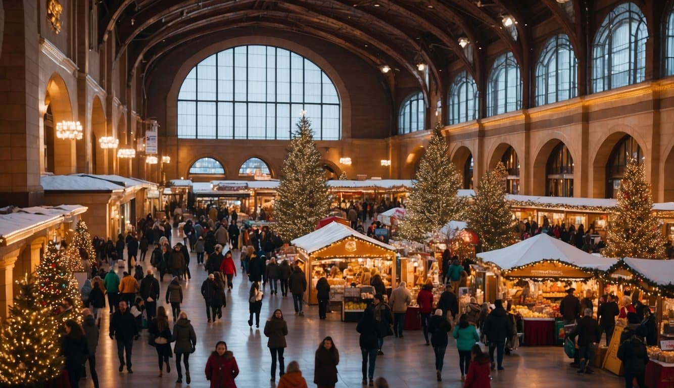 People walk through a festive indoor market with decorated Christmas trees, various stalls, and large arched windows in the background.