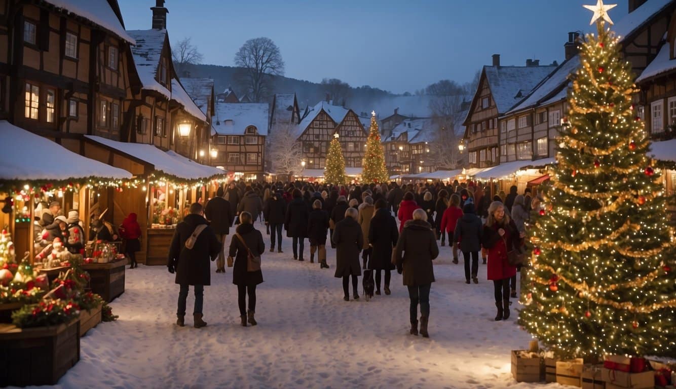 Snow-covered village square with festive stalls, twinkling lights, and a towering Christmas tree. Half-timbered buildings adorned with wreaths and garlands. Joyful atmosphere with carolers and holiday decorations