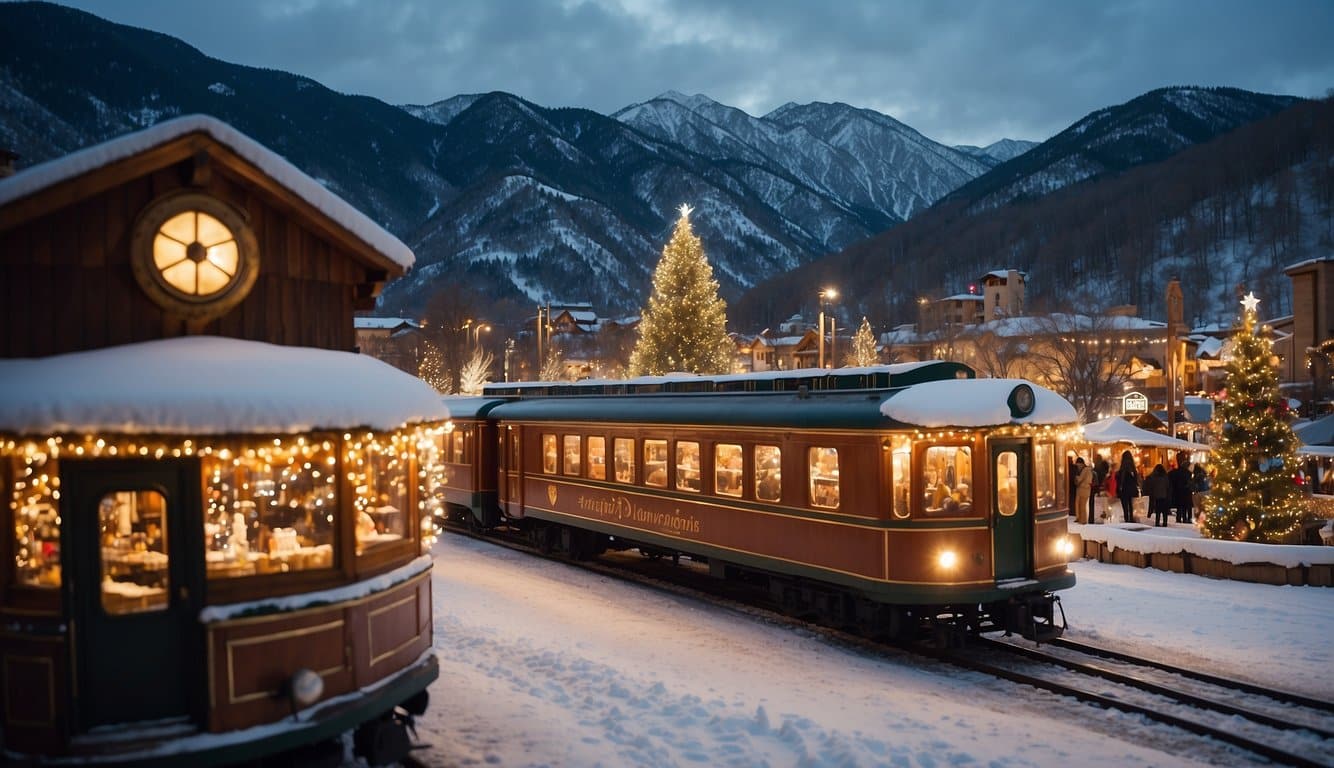 Snow-covered train chugging through Durango Christmas market, lights twinkling, surrounded by mountains