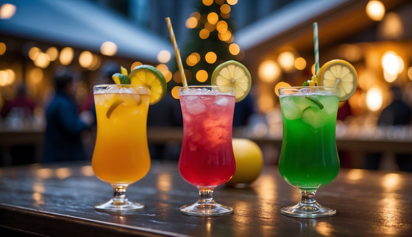 Colorful mocktail stations line the bustling Christmas market. Festive decorations adorn the tables as students and visitors sample and vote for their favorite holiday mocktail