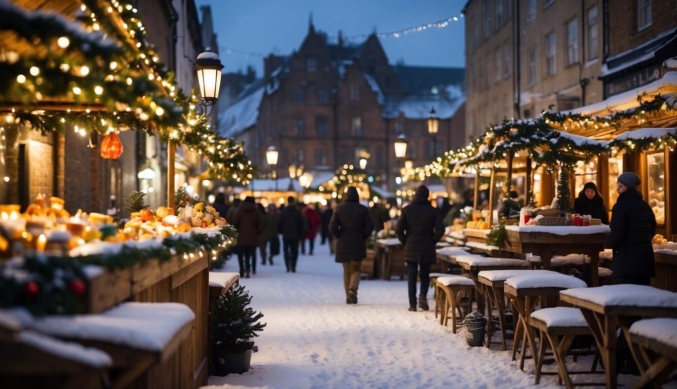 Snow-covered cobblestone streets lined with festive market stalls and twinkling lights, surrounded by historic buildings adorned with wreaths and holiday decorations