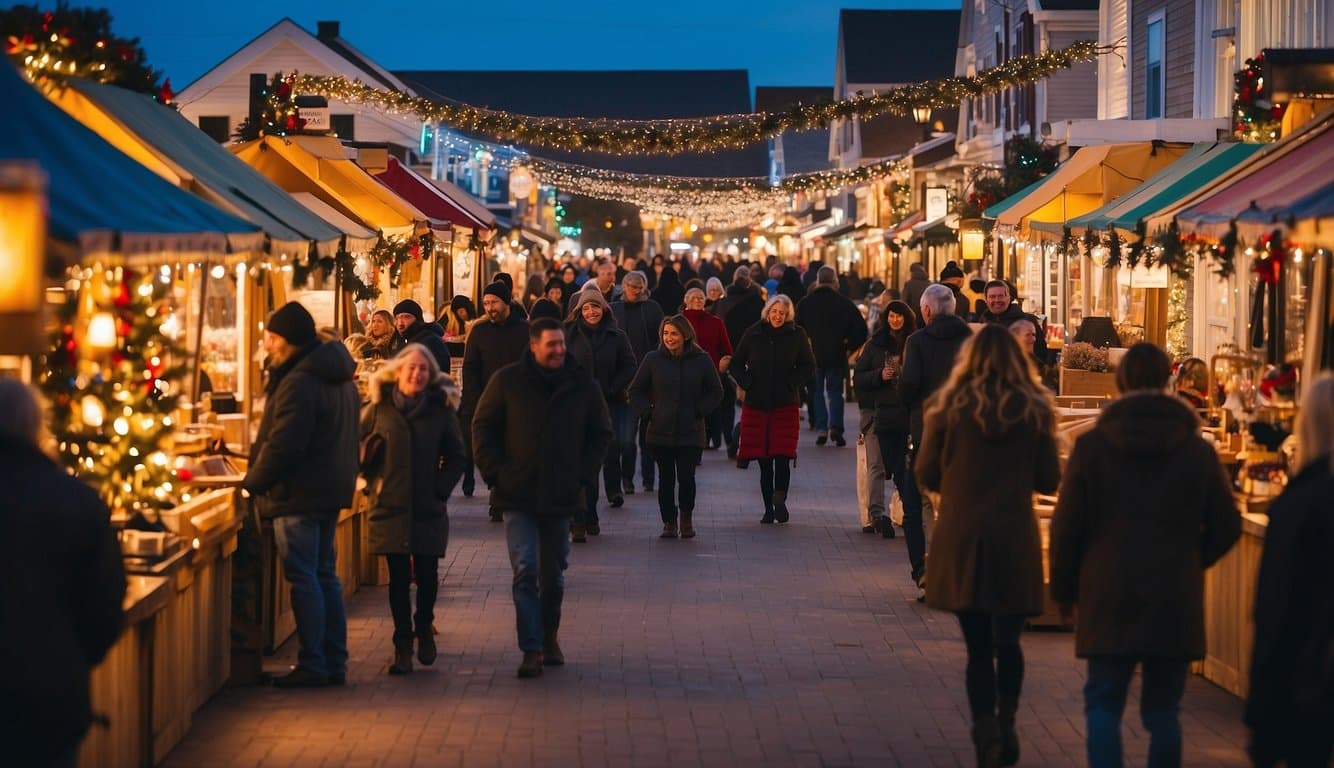 A bustling Christmas market in Bethany Beach, Delaware, with colorful stalls, twinkling lights, and joyful holiday shoppers browsing through festive decorations and seasonal treats