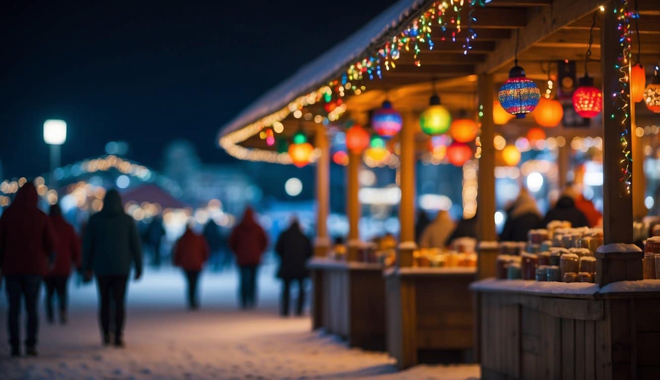 Colorful lights adorn the festive market stalls, illuminating the snow-covered streets of Ocean City. The scent of hot cocoa and cinnamon fills the air as families wander through the Winterfest of Lights, soaking in the holiday cheer