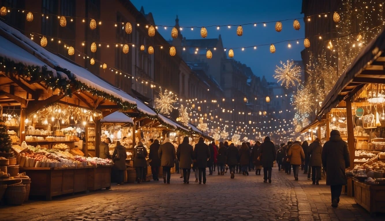 Colorful stalls line the streets, adorned with twinkling lights and festive decorations. Shoppers browse through an array of artisanal goods, while the scent of hot cocoa and roasted chestnuts fills the air