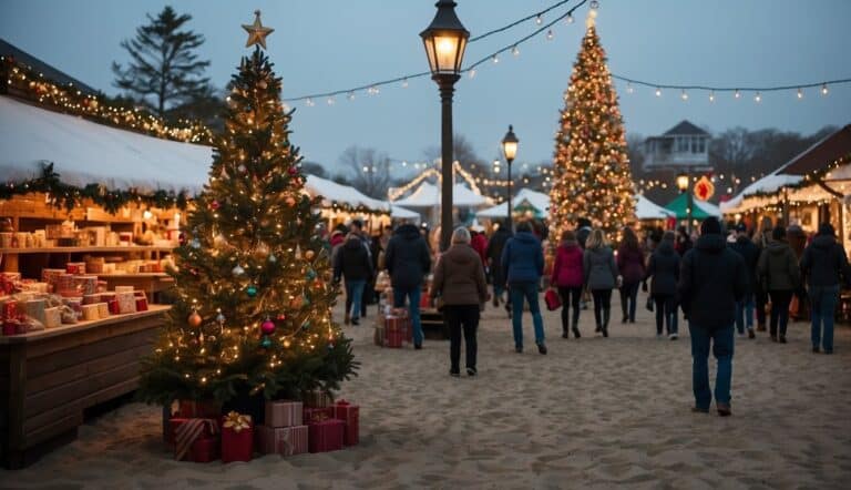 People stroll through a festive outdoor Christmas market with decorated trees, lights, gift stalls, and holiday decorations.