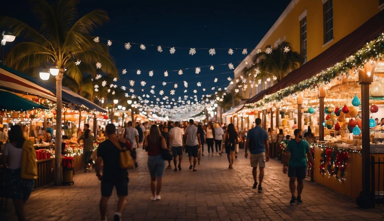 Colorful stalls line Miami Lakes Main Street, adorned with twinkling lights and festive decorations for the Christmas Markets in Florida 2024