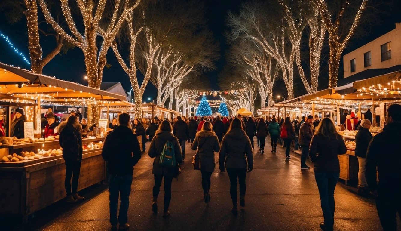 Crowds browse festive stalls at Florida Christmas markets, surrounded by twinkling lights and colorful decorations. A giant Christmas tree towers over the scene, while the scent of cinnamon and hot cocoa fills the air