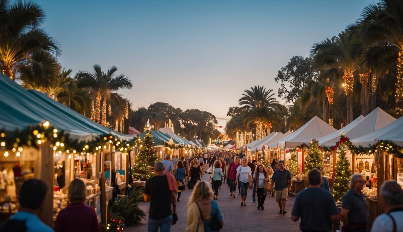 A festive holiday market with colorful stalls, twinkling lights, and cheerful visitors browsing through unique gifts and festive decorations in Gainesville, Florida