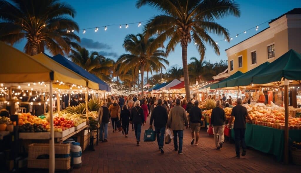 People stroll through an outdoor Christmas market at dusk in Florida 2024, with vendor stalls selling various produce under string lights and palm trees.