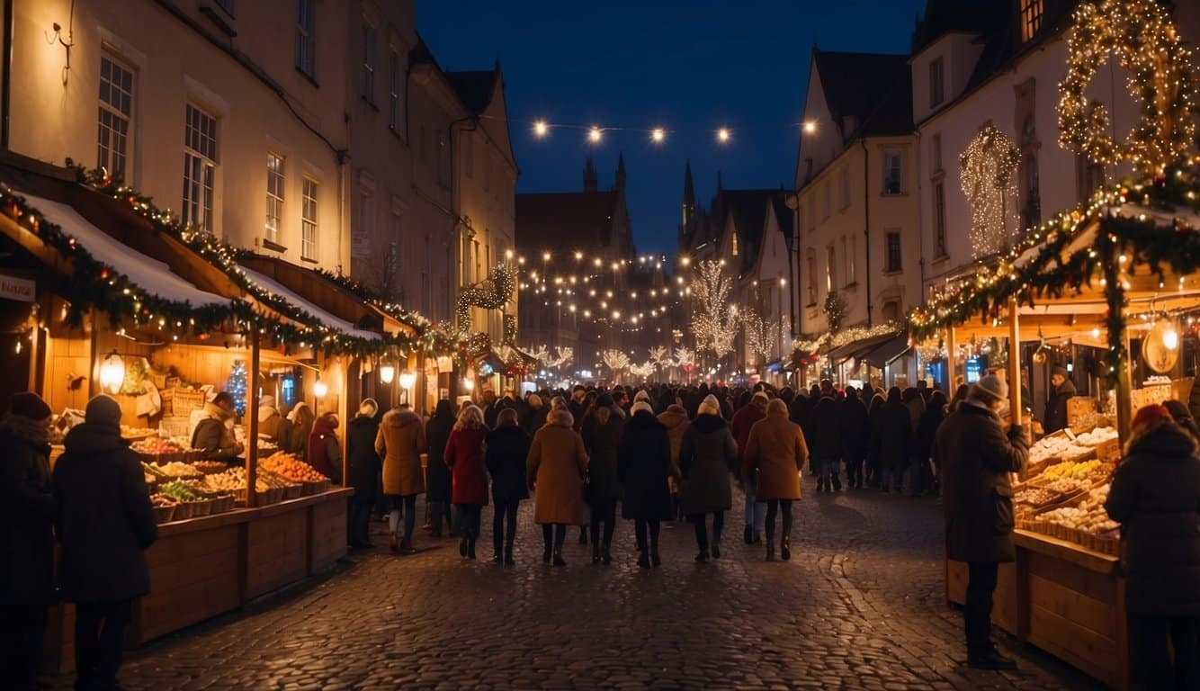 Colorful stalls line the streets, adorned with twinkling lights and festive decorations. The air is filled with the scent of mulled wine and roasted chestnuts, while joyful carolers sing in the background