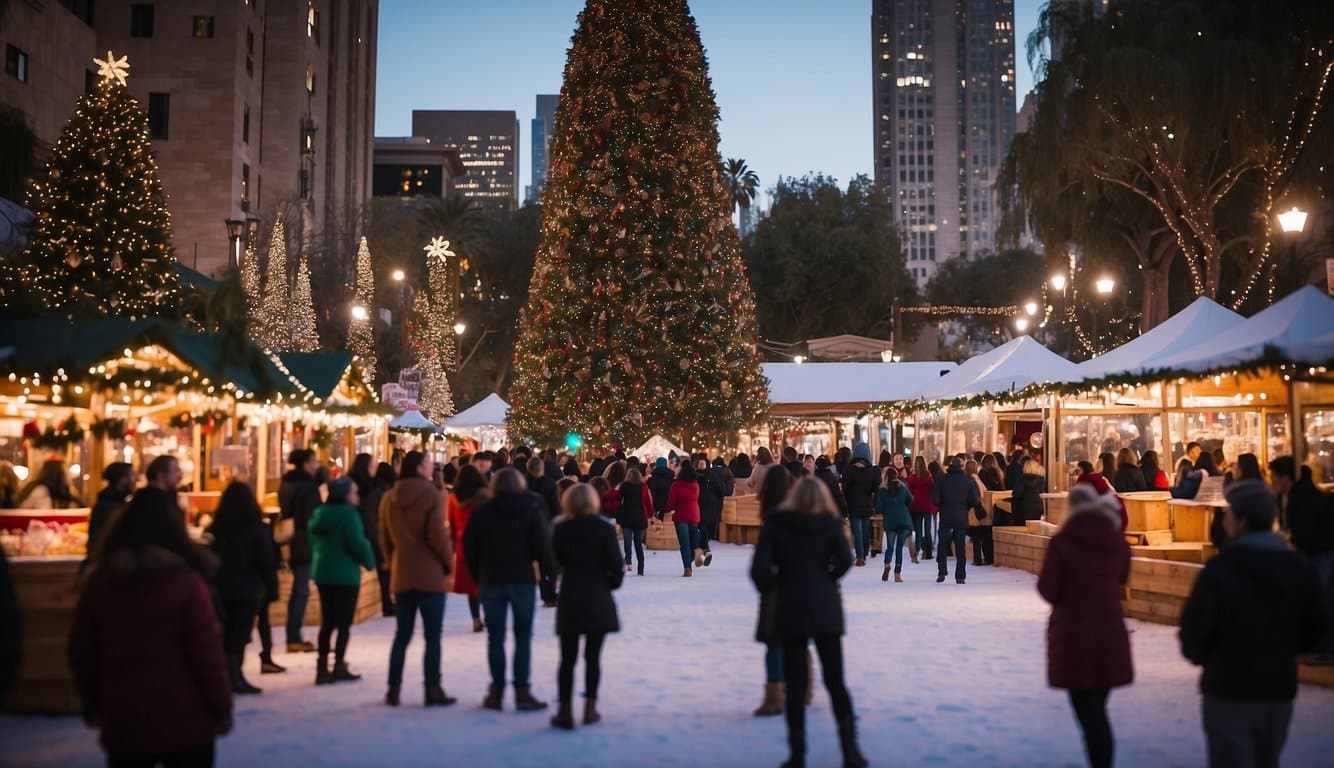 A bustling holiday ice rink surrounded by festive Christmas market stalls in Pershing Square, Los Angeles. The scene is filled with cheerful visitors enjoying the holiday spirit