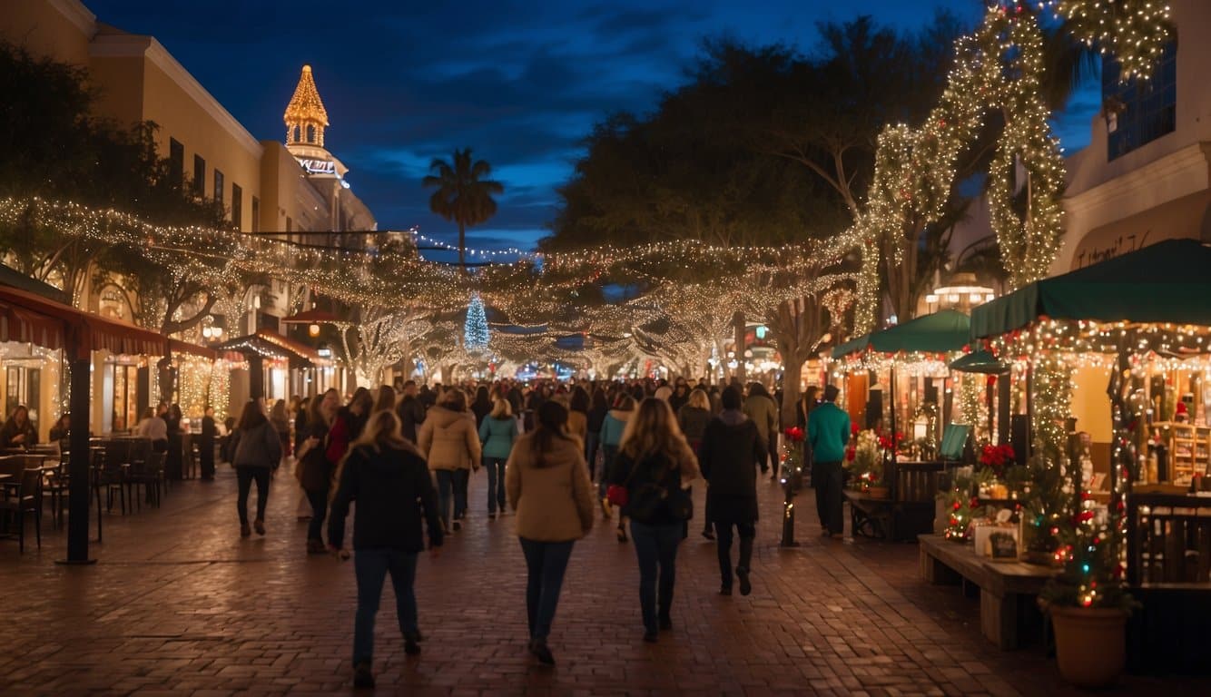 A festive Christmas village with twinkling lights and bustling markets lines the Tampa Riverwalk in Florida, 2024