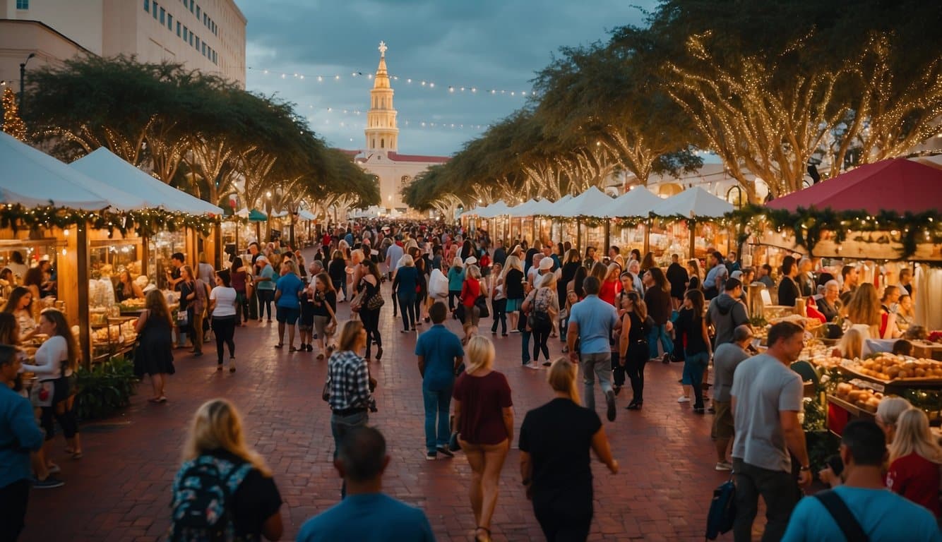 Colorful stalls line the streets, adorned with twinkling lights and festive decorations. Shoppers browse through an array of holiday goods while the scent of hot cocoa and roasted chestnuts fills the air