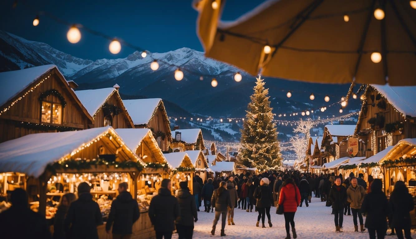 Snow-covered mountains frame a bustling Christmas market, adorned with twinkling lights and festive decorations. Visitors browse through charming stalls selling handmade crafts and delicious holiday treats