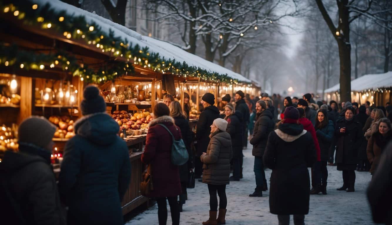 Crowds browse festive stalls, adorned with twinkling lights and colorful decorations. The scent of roasted chestnuts and mulled wine fills the air as carolers spread holiday cheer