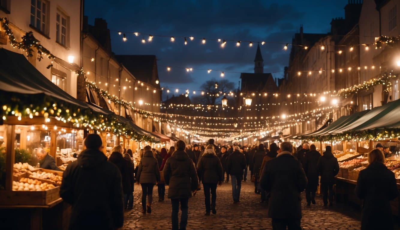 Vibrant Christmas lights illuminate the festive market stalls, casting a warm glow over the bustling crowd. The air is filled with the scent of freshly baked goods and the sound of joyful carolers