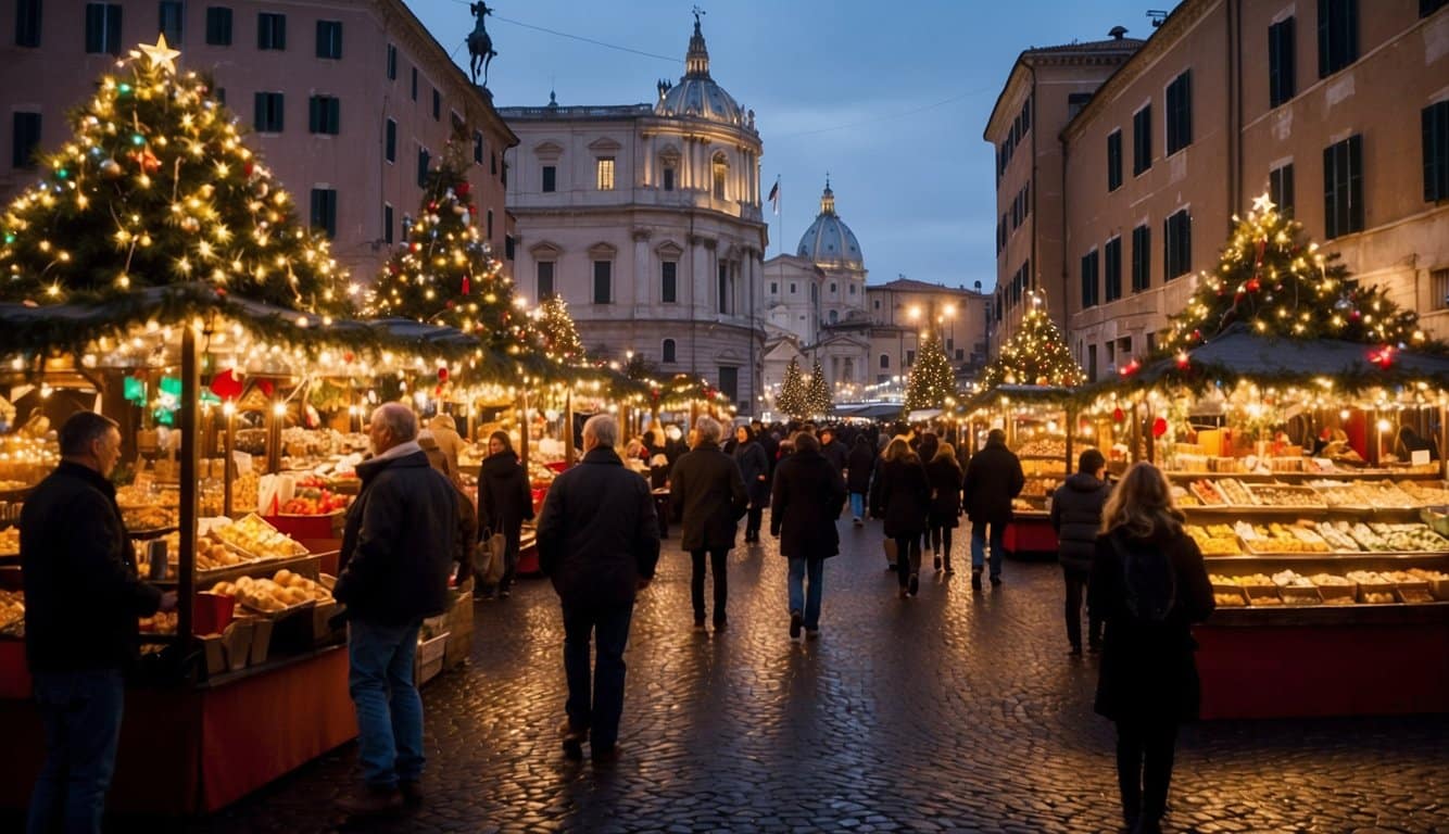 Colorful Christmas market stalls line the streets of Rome and Georgia, USA. Festive lights and decorations create a cozy holiday atmosphere