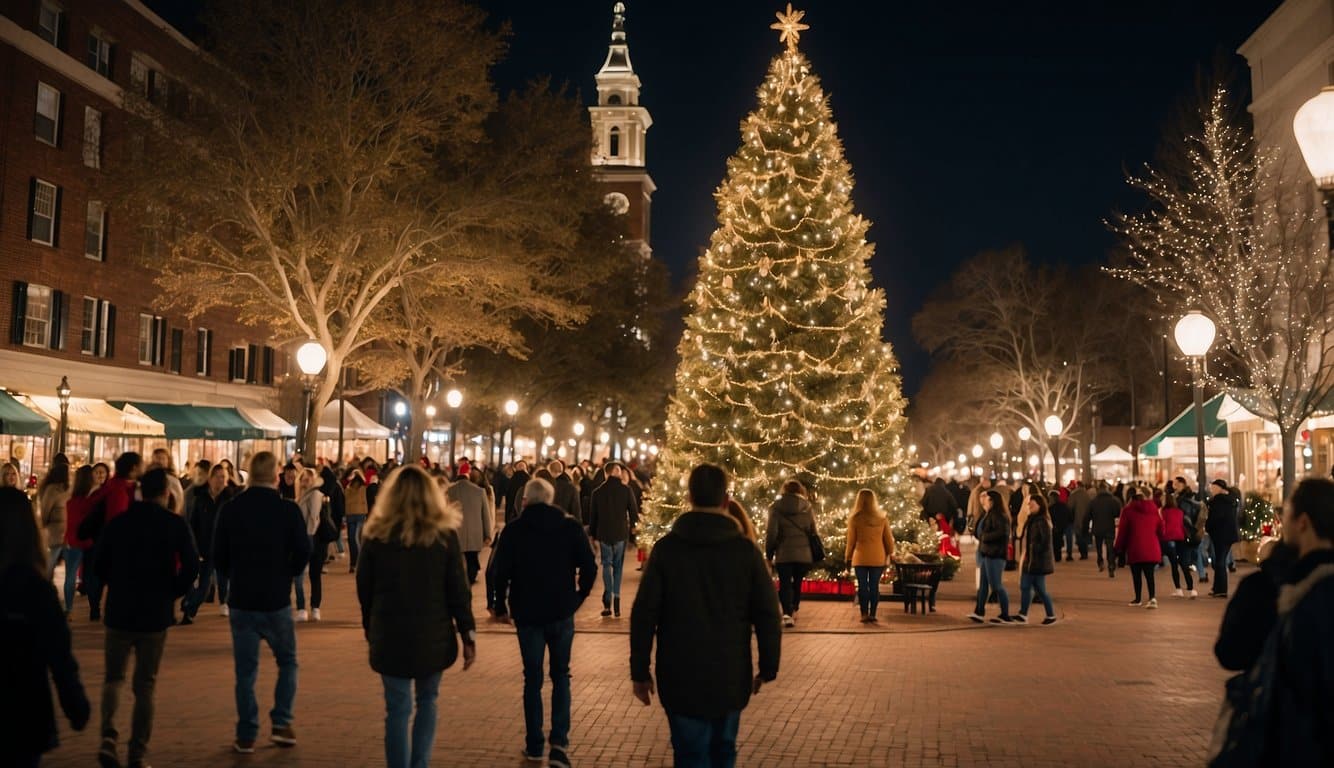 The Marietta Square Christmas tree is brightly lit as visitors explore the festive markets, filled with holiday decorations and cheerful vendors