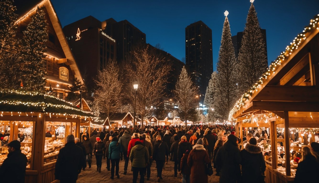 The bustling Atlanta Christkindl Market features festive stalls, twinkling lights, and joyful carolers in Georgia, USA 2024