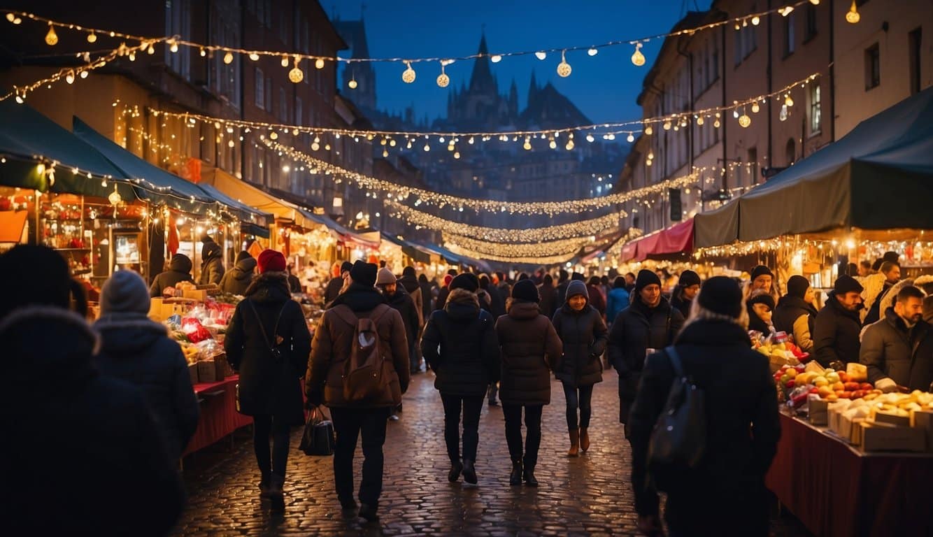 Colorful stalls line the streets, adorned with twinkling lights and festive decorations. Crowds of people browse through the market, sipping hot cocoa and admiring the handmade crafts and gifts