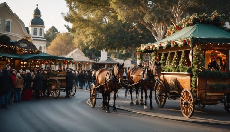 Horse-drawn carriages decorated with garlands and lights, parked on a busy street lined with festive buildings and trees, with a crowd of people in the background.