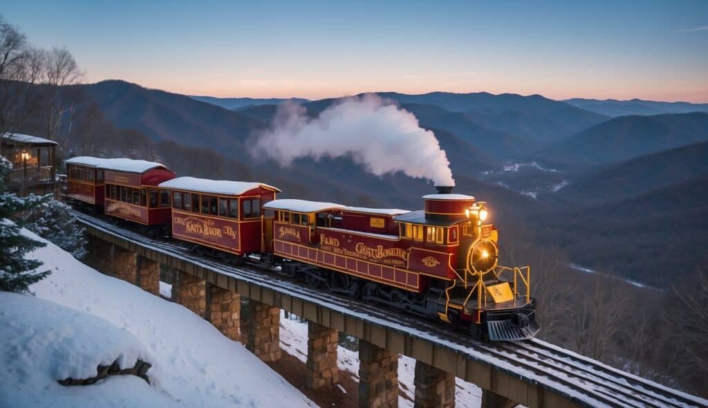 A vintage steam train with smoke billowing from its stack travels on a bridge through a snowy mountain range at dusk, reminiscent of the scenic routes leading to enchanting Christmas Markets in Georgia 2024.