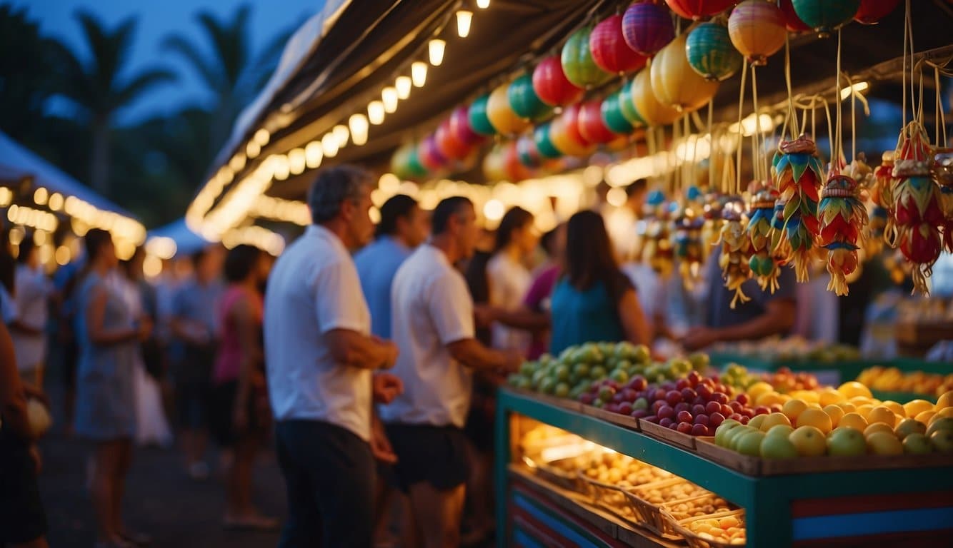 Colorful market stalls line the festival grounds, adorned with festive decorations and twinkling lights. The air is filled with the sound of cheerful holiday music and the delicious aroma of traditional Hawaiian treats