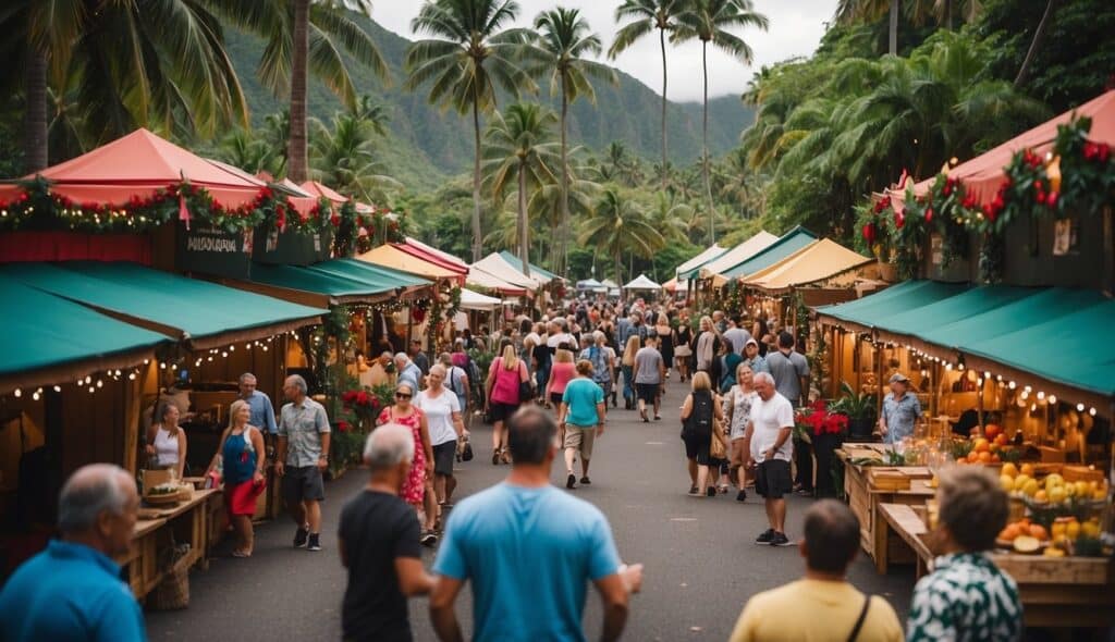 People strolling through a bustling outdoor Christmas market in Hawaii, lined with colorful stalls and palm trees, against a backdrop of lush mountains, setting the perfect scene for 2024 festivities.