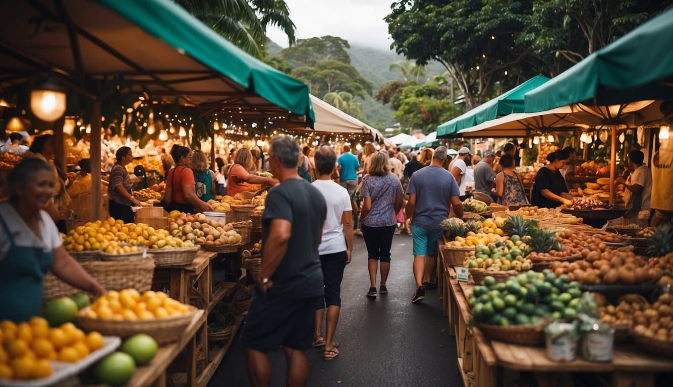 A bustling Christmas market on Kauai, Hawaii in 2024, with colorful stalls, festive decorations, and the aroma of delicious culinary delights filling the air