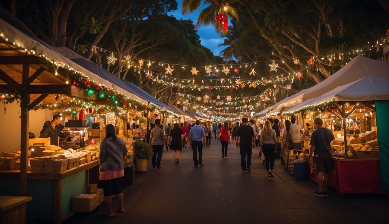 Colorful stalls line the Honolulu Christmas Market, adorned with twinkling lights and festive decorations. The scent of hot cocoa and freshly baked treats fills the air, while joyful music and laughter create a lively atmosphere