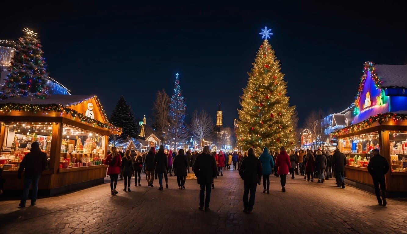 Colorful booths line the streets, adorned with festive lights and decorations.